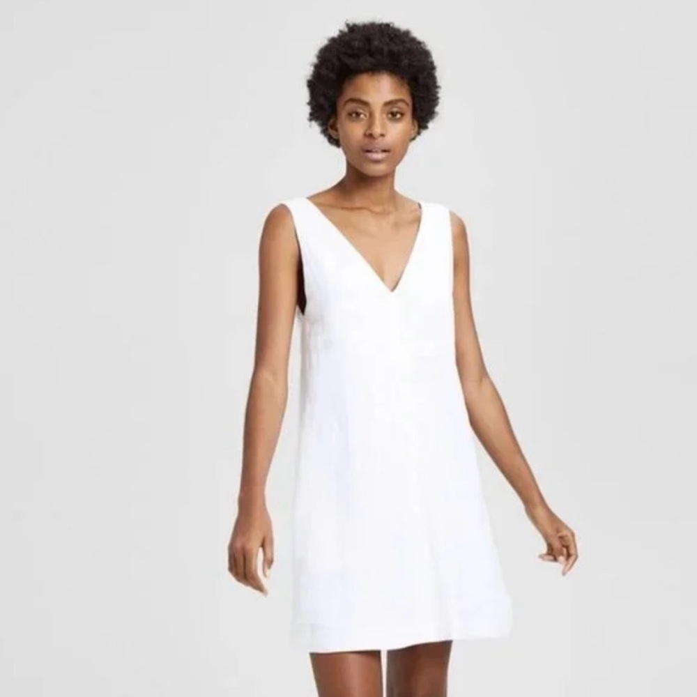 Theory Double V White Shift Linen Dress